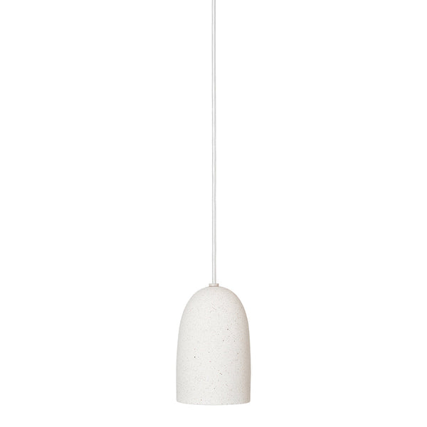 White pendant lamp with a smooth, minimalist design and subtle speckled texture, hanging from a thin cord.