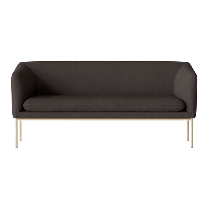 Dark gray sofa with a smooth fabric texture and minimalist design, featuring sleek gold metal legs.