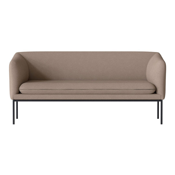 Beige upholstered sofa with a smooth texture and minimalist black metal legs. Modern design for stylish interiors.