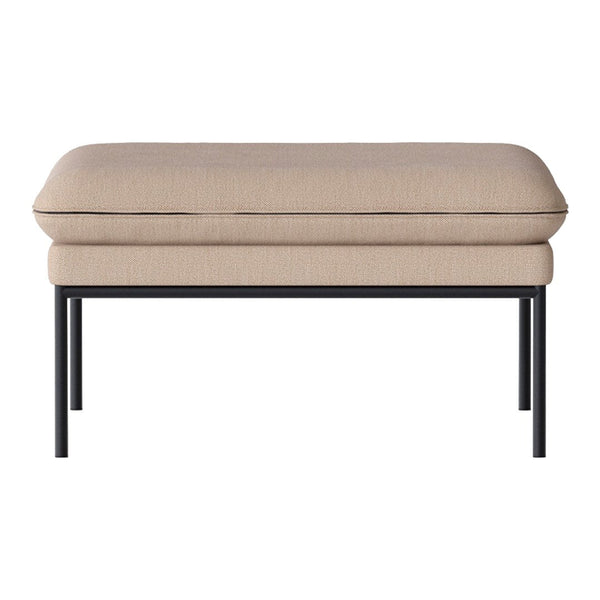 Beige upholstered ottoman with a smooth, minimalist design and black metal legs. Perfect for modern decor.