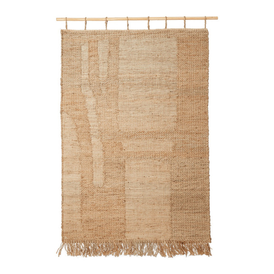 Beige and tan woven wall hanging with varied textures and geometric patterns, featuring natural fringed edges.