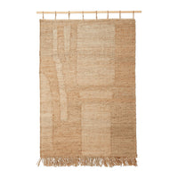 Beige and tan woven wall hanging with varied textures and geometric patterns, featuring natural fringed edges.