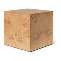 Natural wood cube with light beige color and distinctive, subtle burl patterns. Perfect for modern decor.