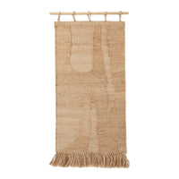 Neutral beige wall hanging with abstract patterns and soft fringe detail. Perfect for adding texture to your décor.