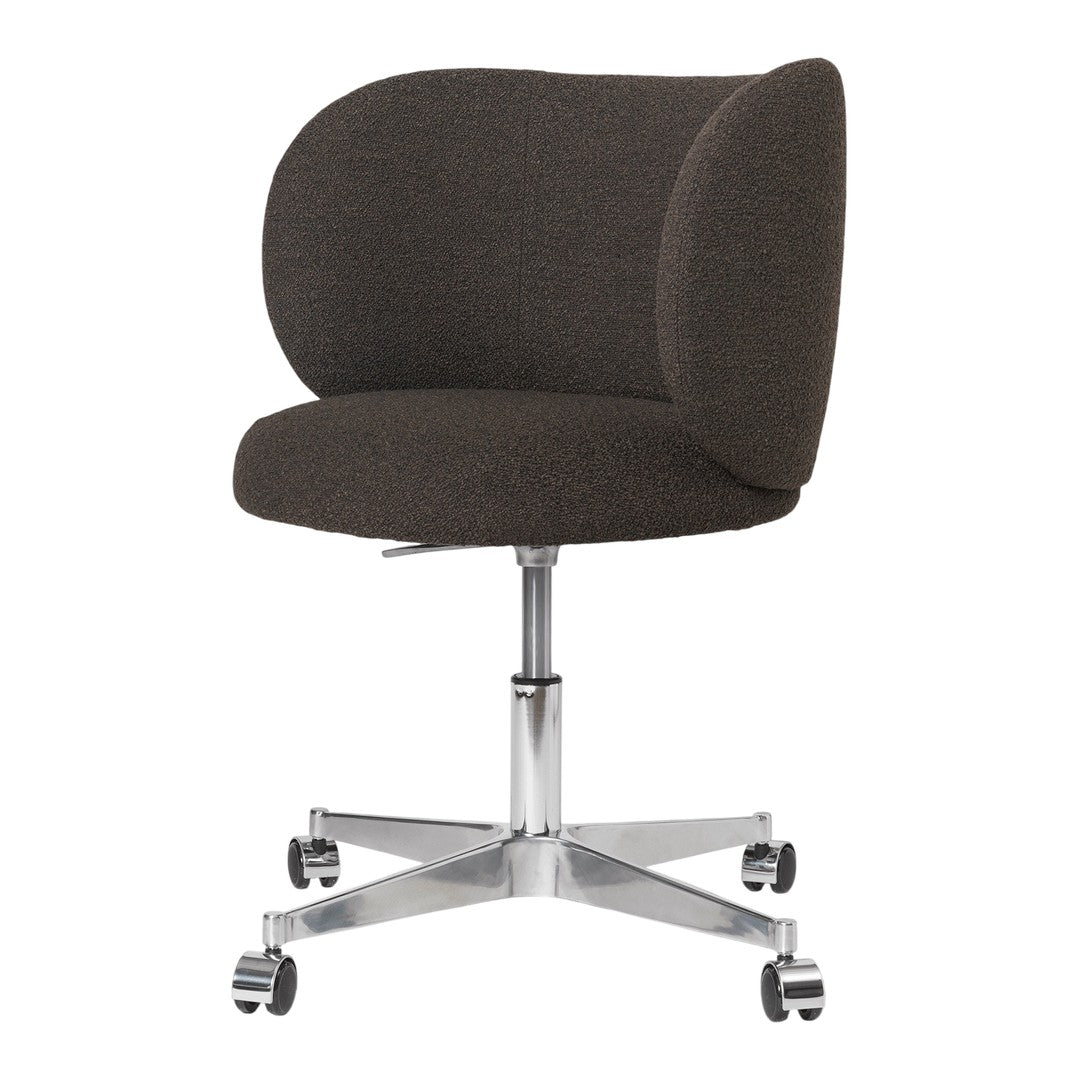 Brown upholstered office chair with curved backrest and chrome base, featuring a minimalist design and modern style.