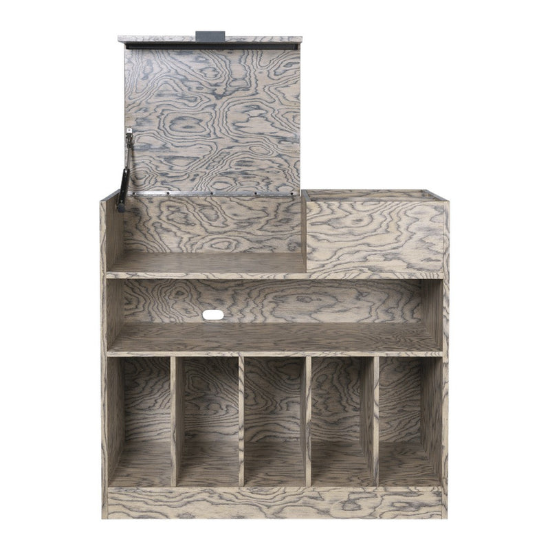 Light gray wooden storage unit with a textured, wavy grain pattern and multiple open compartments.