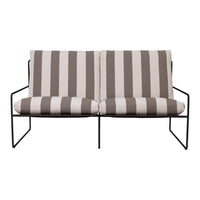 Brown and cream striped outdoor loveseat with a sleek black metal frame. Perfect for modern patio settings.