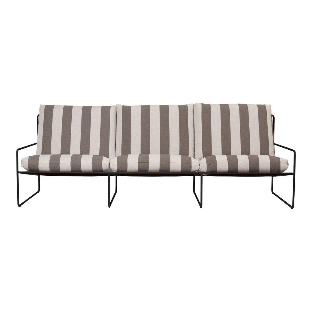 Brown and beige striped cushion sofa with sleek black metal frame, perfect for modern outdoor or indoor spaces.