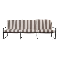 Brown and beige striped cushion sofa with sleek black metal frame, perfect for modern outdoor or indoor spaces.