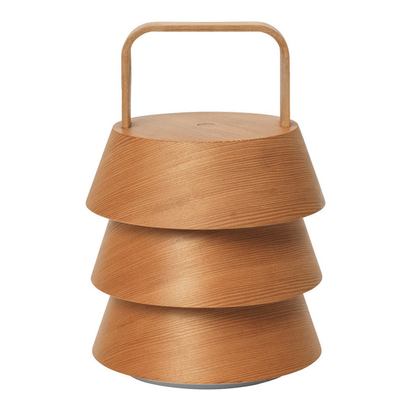 Wooden lantern in warm, light brown tones with a stylish tiered design and a simple handle. Perfect for cozy settings.