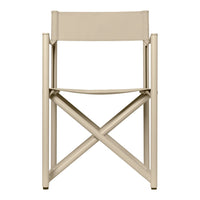 Beige canvas director's chair with sleek beige metal frame and crisscross pattern for added stability.