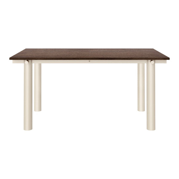 Brown wooden tabletop with smooth finish, complementing cream-colored cylindrical legs. Modern and minimalist design.