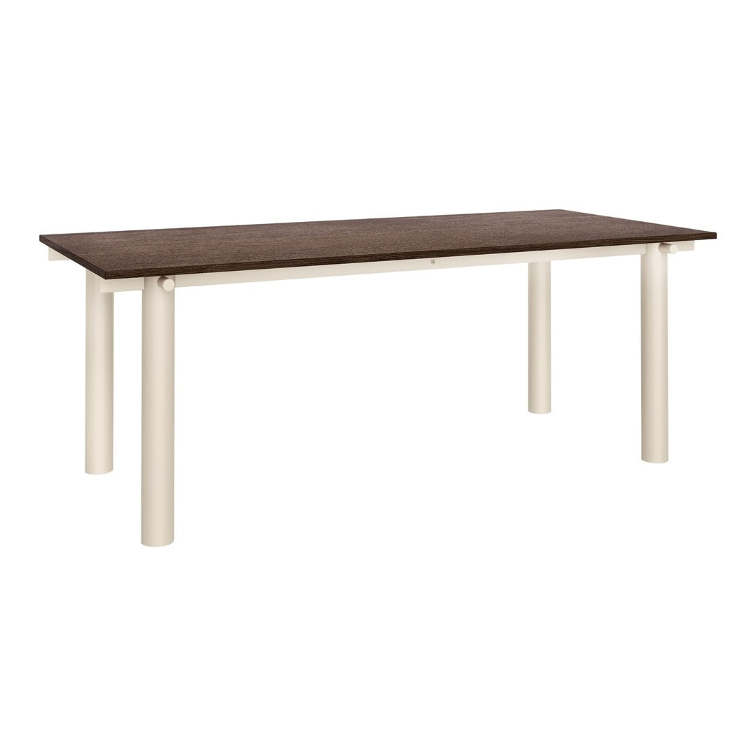 Modern dining table with a rich brown wood top and smooth cream-colored legs, featuring a sleek, minimalist design.