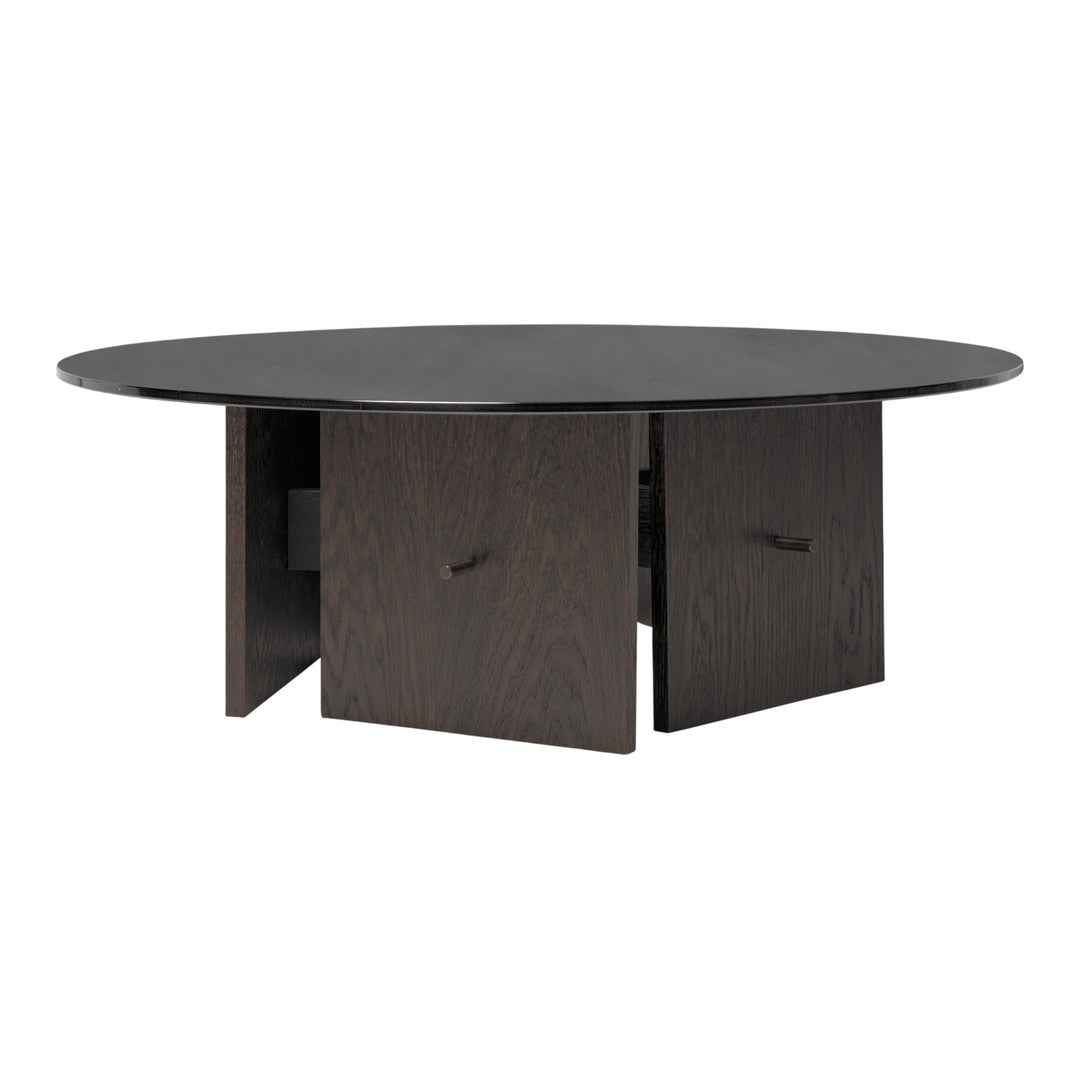 Round coffee table in dark wood finish with smooth surface and minimalist geometric design.