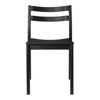 Black wooden chair with a simple design featuring two horizontal slats on the backrest and a flat seat.