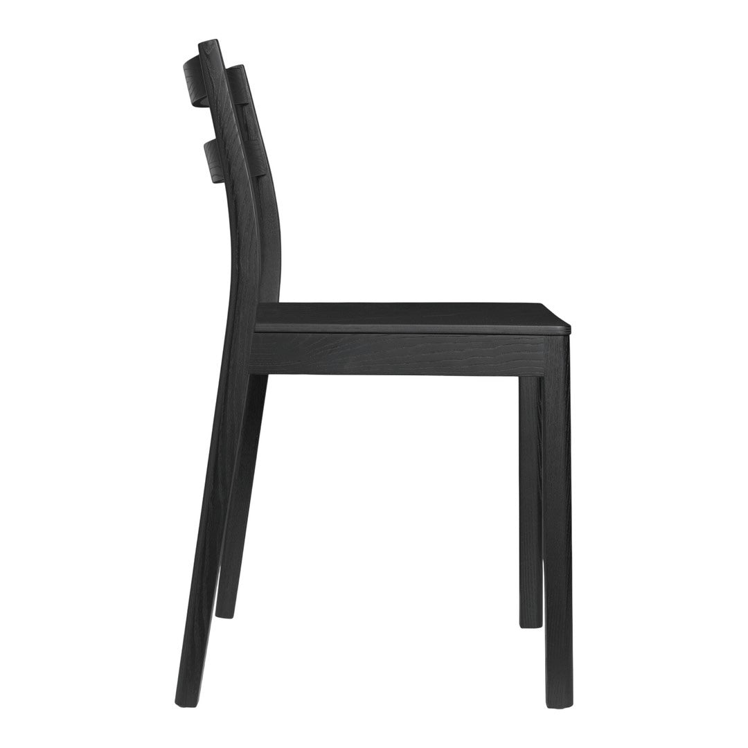 Side view of a sleek black chair with a minimalist design and smooth finish. Perfect for modern decor.