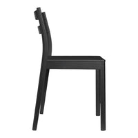 Side view of a sleek black chair with a minimalist design and smooth finish. Perfect for modern decor.