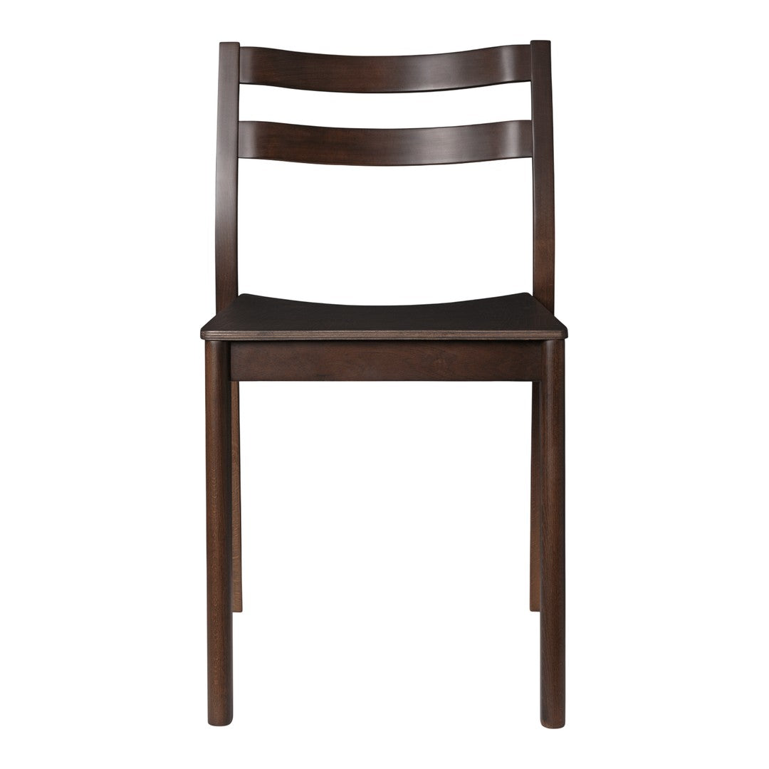 Brown wooden chair with a sleek design and a solid black seat, featuring horizontal slat backrest.
