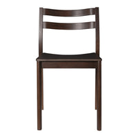 Brown wooden chair with a sleek design and a solid black seat, featuring horizontal slat backrest.