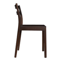 Brown wooden chair with a sleek, simple design featuring a smooth finish and minimalistic pattern.