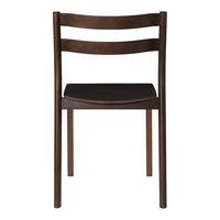 Brown wooden chair with a sleek, minimalist design and a smooth, dark seat. Ideal for modern decor.