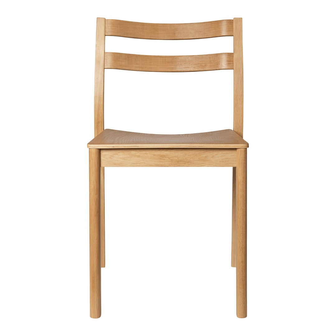 Natural wood chair with a light finish, featuring a simple two-slat back and a smooth, minimalistic seat.
