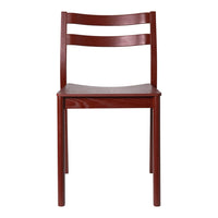 Simple maroon wooden chair with a slatted back and a smooth surface, showcasing a sleek, modern design.