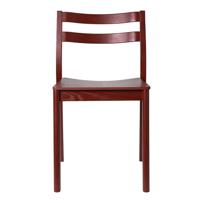 Simple maroon wooden chair with a slatted back and a smooth surface, showcasing a sleek, modern design.