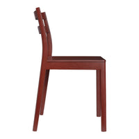 Side view of a sleek, solid mahogany chair with a smooth finish and simple geometric back design.