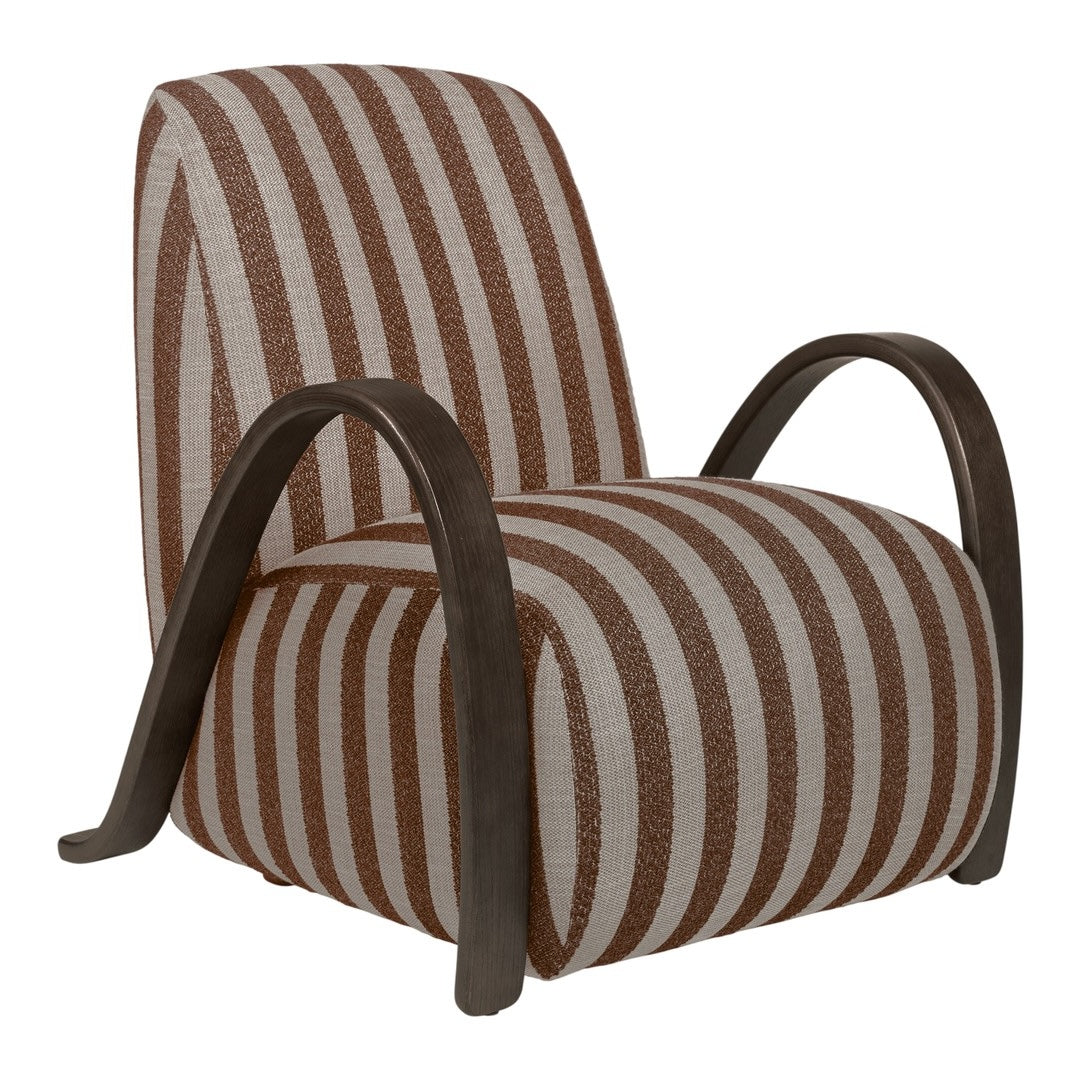 Brown and cream striped accent chair with curved dark wood arms, perfect for modern decor.