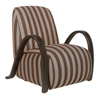 Brown and cream striped accent chair with curved dark wood arms, perfect for modern decor.