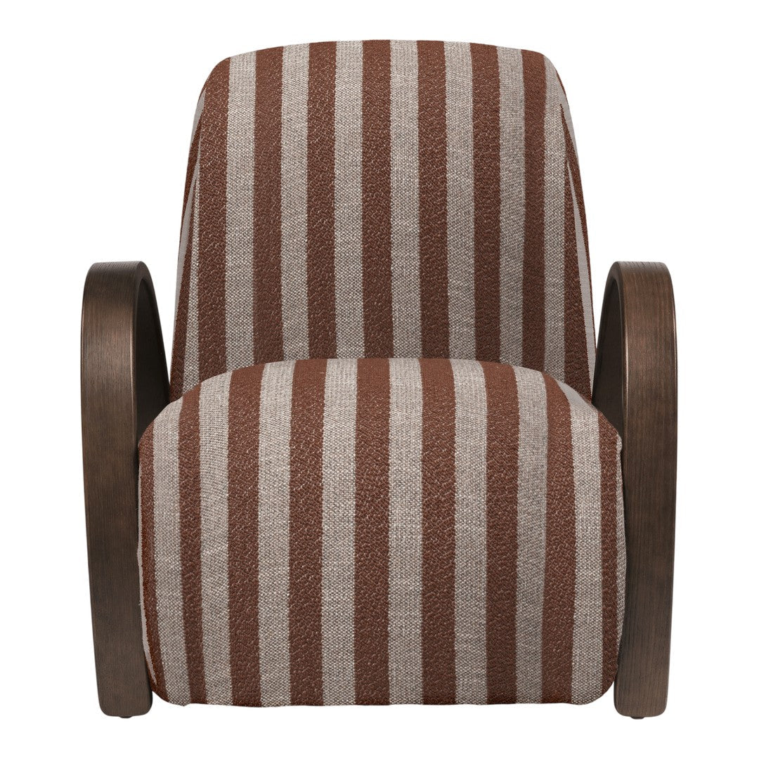 Brown and beige striped accent chair featuring a cozy, textured fabric. Perfect for modern home decor.