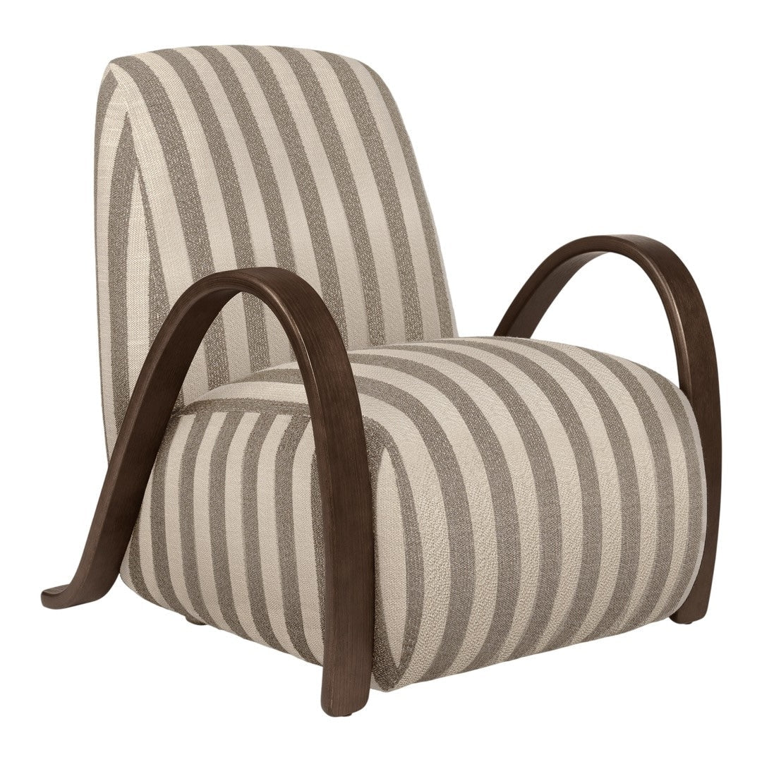 Beige and taupe striped accent chair with dark wood arms and a modern design. Ideal for contemporary decor.