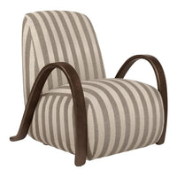 Beige and taupe striped accent chair with dark wood arms and a modern design. Ideal for contemporary decor.