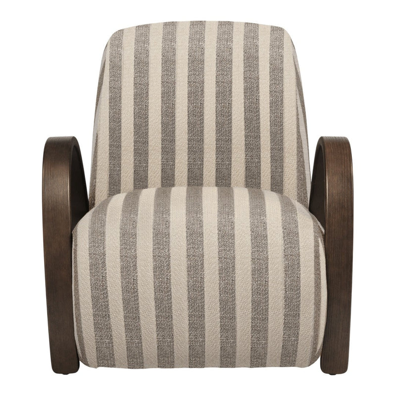 Beige and gray striped patterned upholstery armchair with wooden arms. Modern design for stylish interiors.