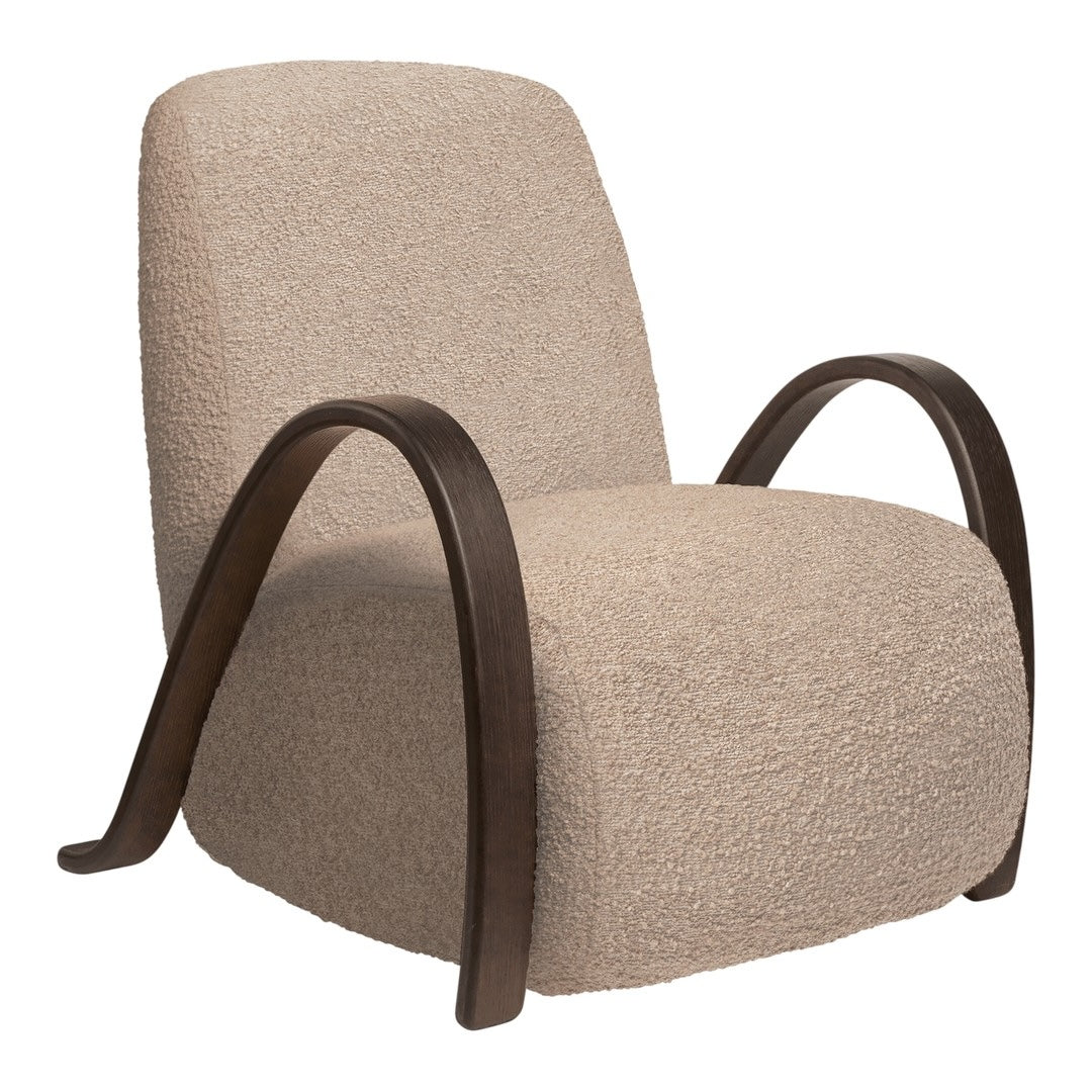 Beige textured chair with smooth dark wood arms, featuring a minimalist modern design. Perfect for stylish interiors.
