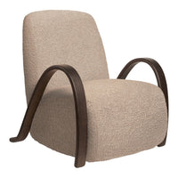 Beige textured chair with smooth dark wood arms, featuring a minimalist modern design. Perfect for stylish interiors.