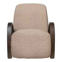 Beige, textured upholstery on a comfortable chair with dark wood armrests, offering a modern, cozy aesthetic.
