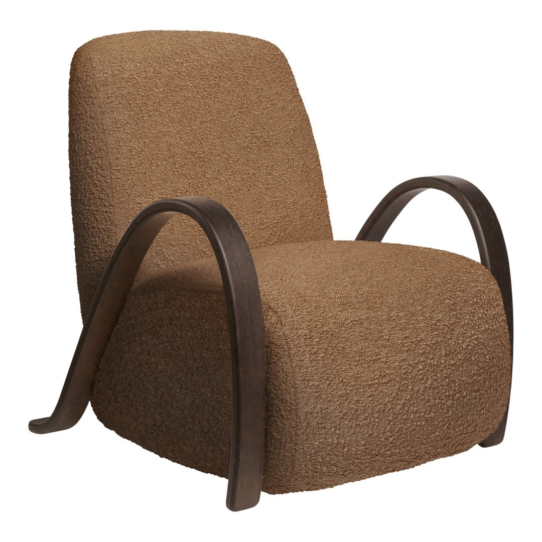 Brown textured upholstery chair with smooth wooden arms, perfect for a cozy, modern aesthetic.