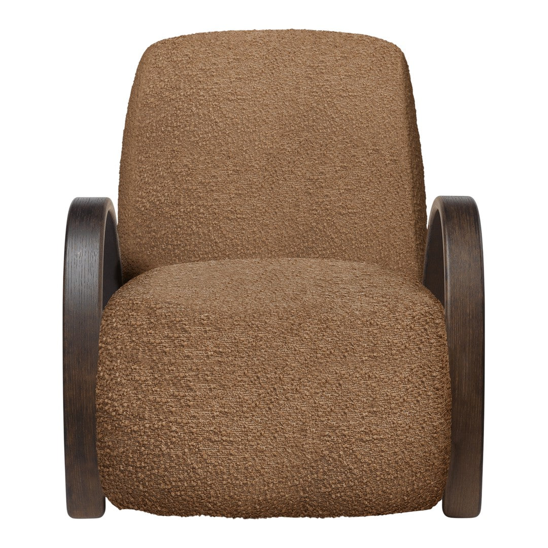 Brown textured chair with wooden armrests, featuring a cozy, soft appearance.