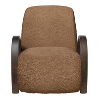 Brown textured chair with wooden armrests, featuring a cozy, soft appearance.