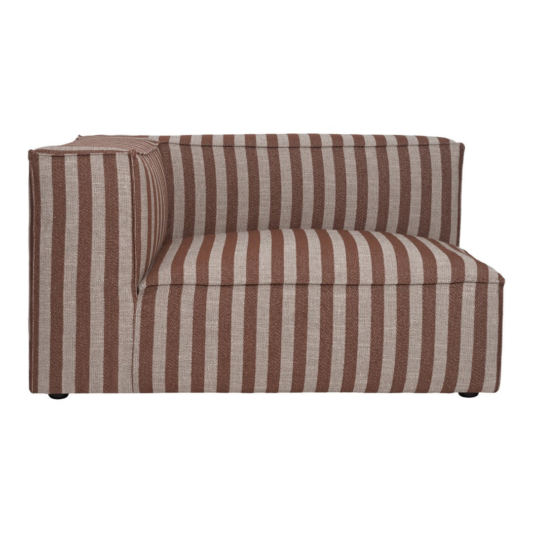 Brown and beige striped sectional sofa with contemporary design and clean lines. Ideal for modern living spaces.
