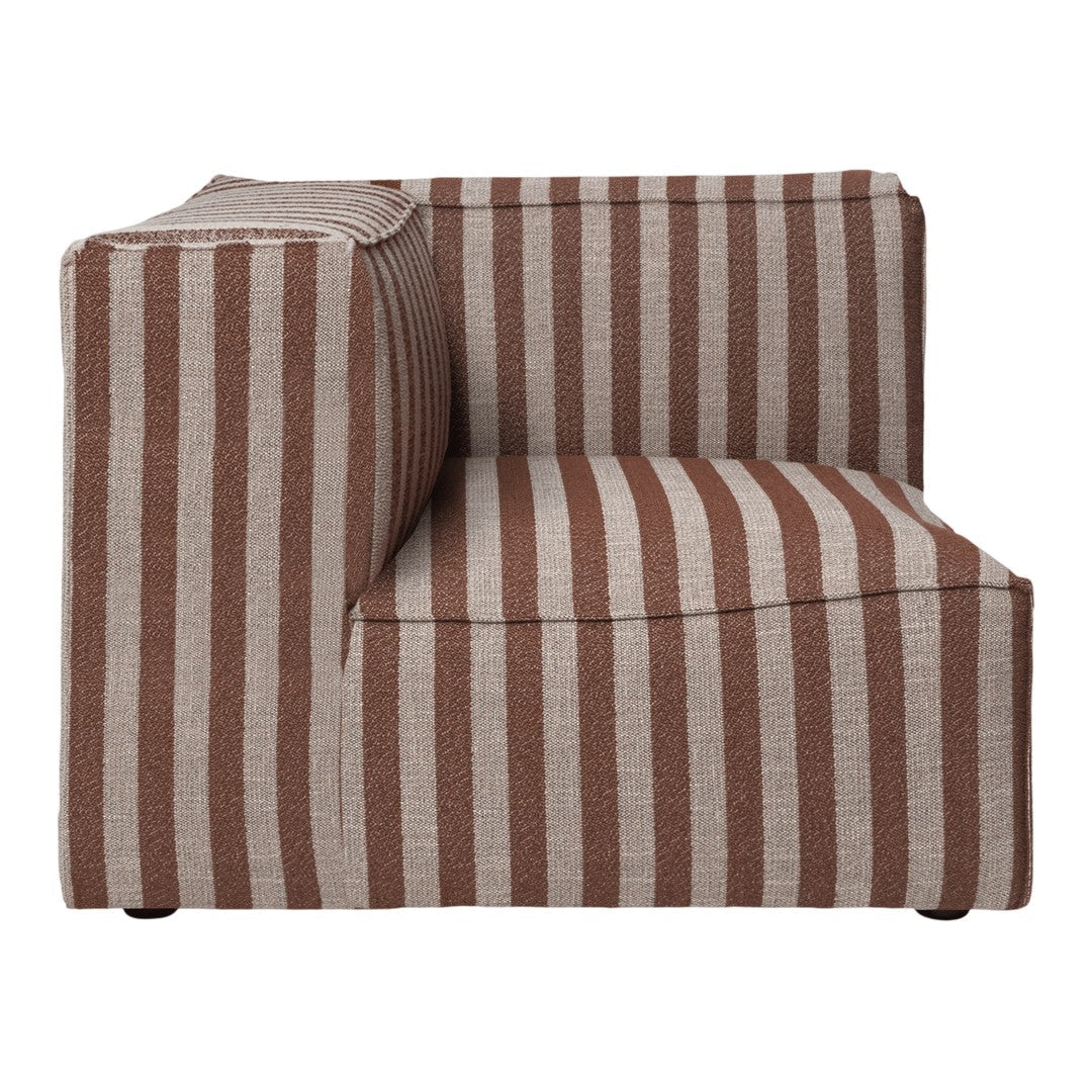 Brown and beige striped corner sofa with a modern design and soft fabric texture. Perfect for stylish living spaces.