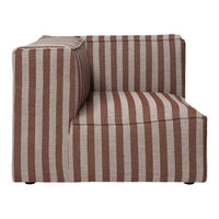 Brown and beige striped corner sofa with a modern design and soft fabric texture. Perfect for stylish living spaces.