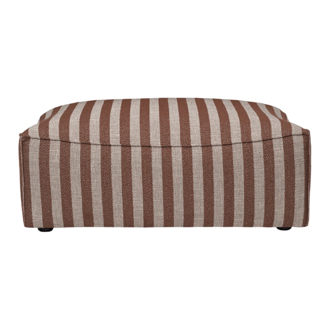 Brown and cream striped ottoman with a sleek, modern design. Perfect for stylish seating or decor enhancements.