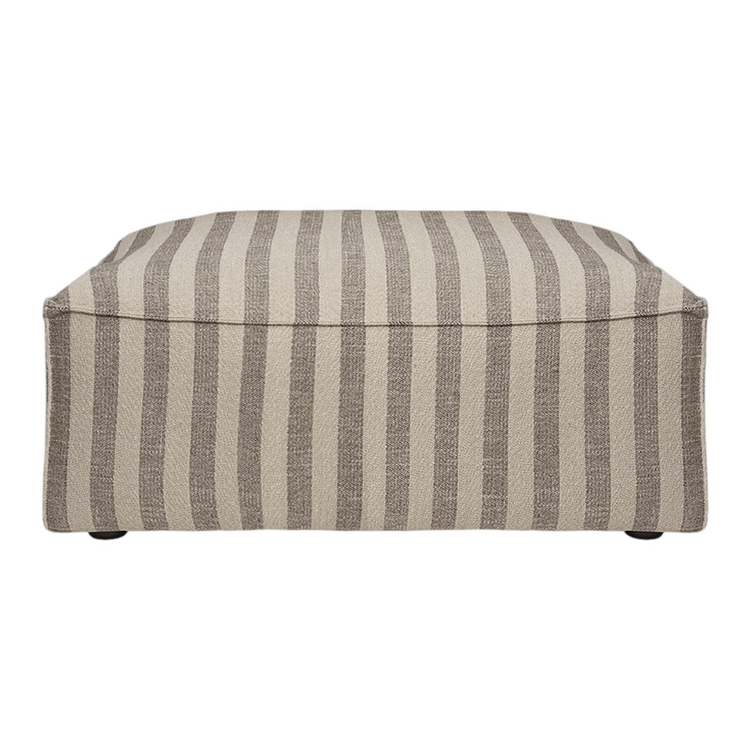 Beige and taupe striped ottoman with a contemporary, versatile design, perfect for any modern living space.