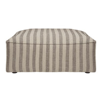 Beige and taupe striped ottoman with a contemporary, versatile design, perfect for any modern living space.