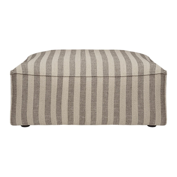 Beige and taupe striped ottoman with a contemporary, versatile design, perfect for any modern living space.
