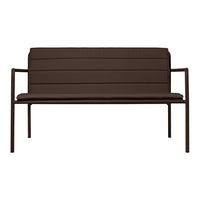 Brown padded bench with a sleek, modern design and horizontal ribbed pattern. Ideal for indoor or outdoor use.