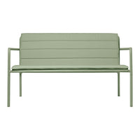 Light green modern bench with slatted back and smooth seat, perfect for outdoor or contemporary decor.